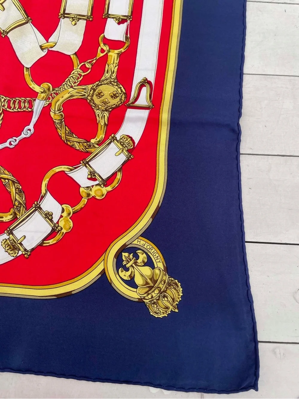 Hermes Red Navy Cream Silk Scarf with Equestrian Print - Picture 9 of 12